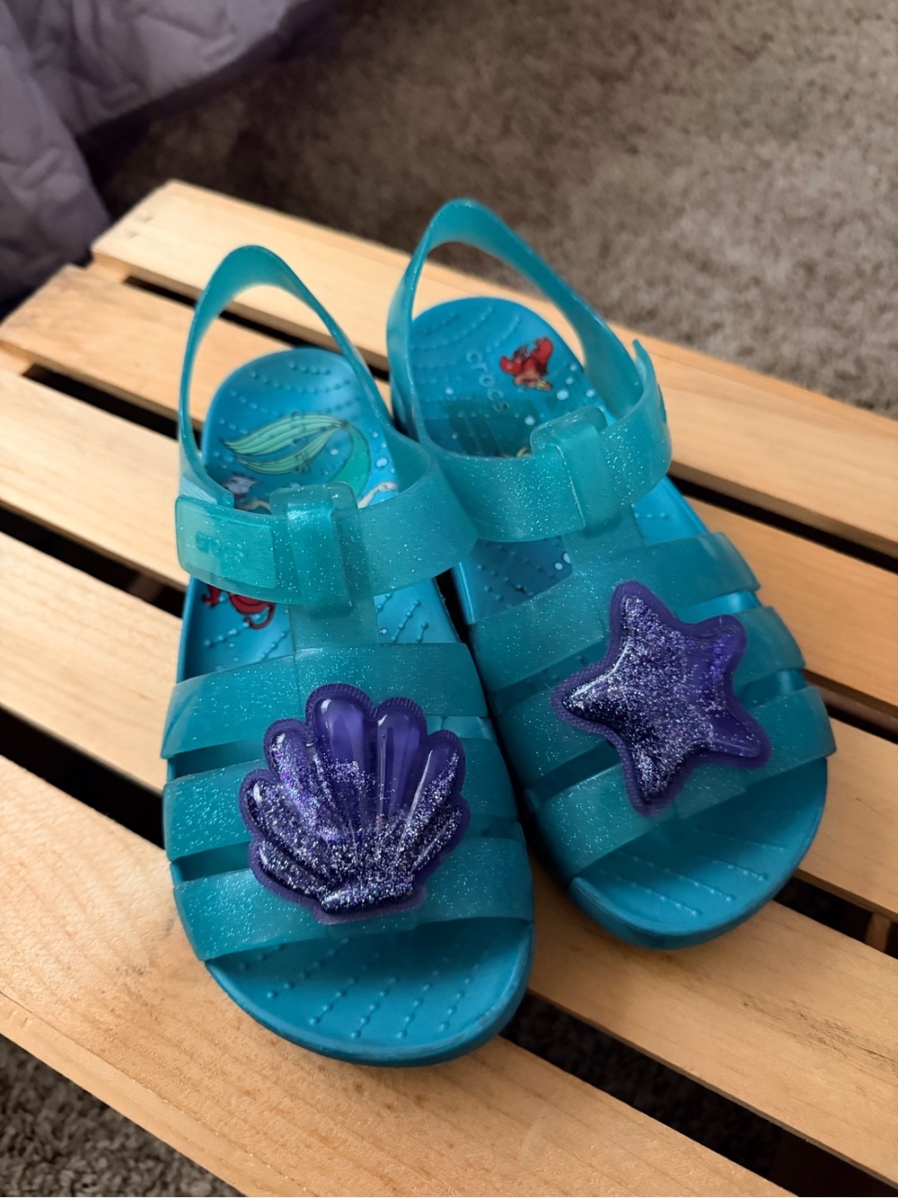 Turquoise Kids Jelly Sandals with Little Mermaid Purple Shell & Star Accents
